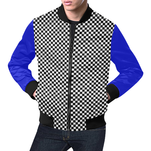 Checkerboard Black, White And Blue All Over Print Bomber Jacket for Men/Large Size (Model H19)
