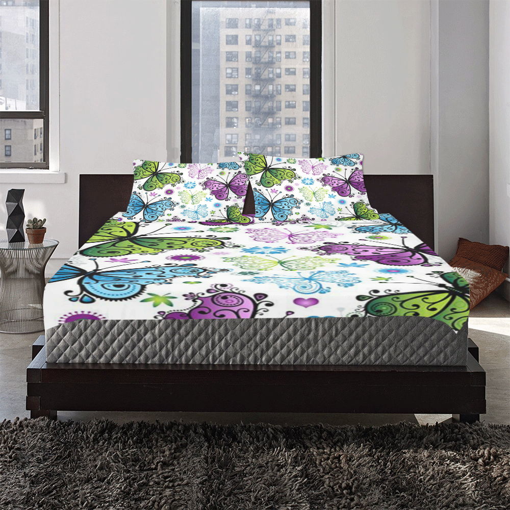 Colorful Butterflies and Flowers V4 3-Piece Bedding Set