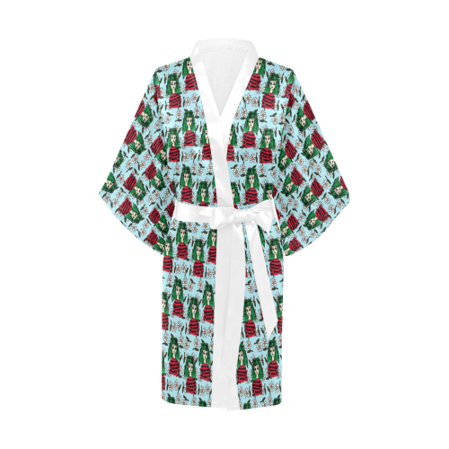 girl with green hair pattern blue floral Kimono Robe