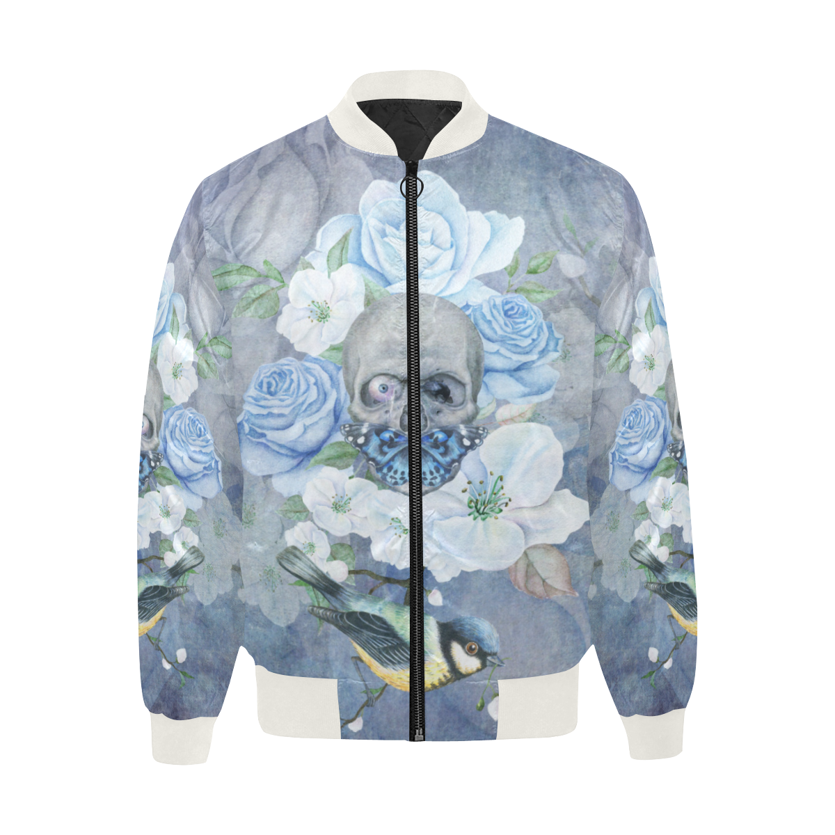 Gothic Skull With Butterfly All Over Print Quilted Bomber Jacket for Men (Model H33)