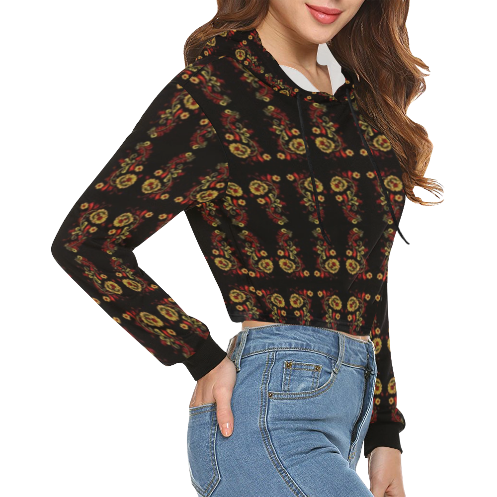 Chinese red floral design seamless womens hoodie All Over Print Crop Hoodie for Women (Model H22)