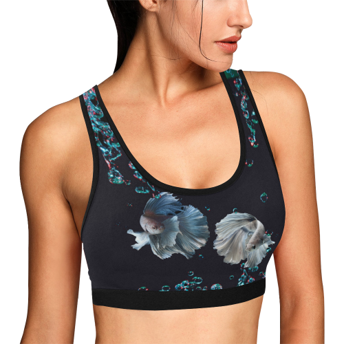 Blue Bubbles and Fish on Black Background Photo Women's All Over Print Sports Bra (Model T52)