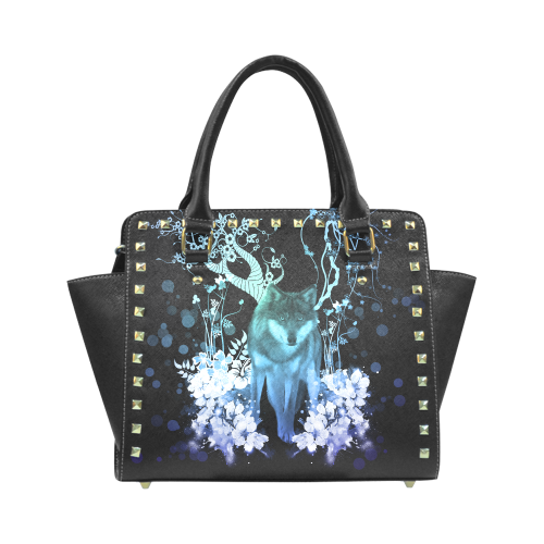 Awesome wolf with flowers Rivet Shoulder Handbag (Model 1645)