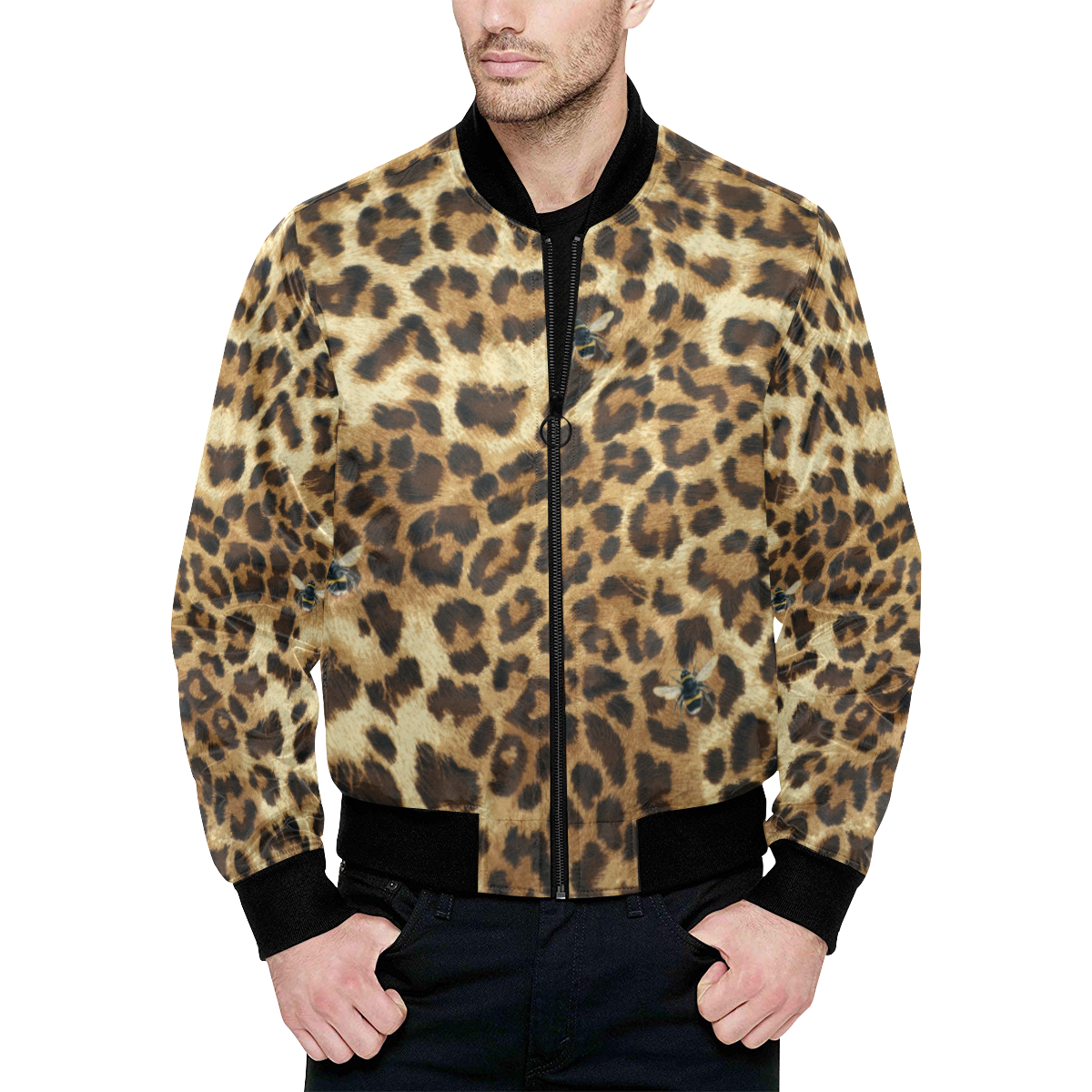 Buzz Leopard All Over Print Quilted Bomber Jacket for Men (Model H33)