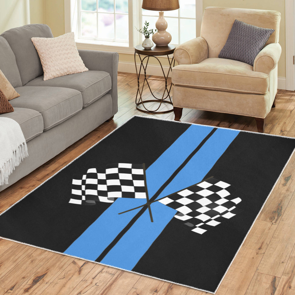 Checkered Flags, Race Car Stripe Black and Blue Area Rug7'x5'