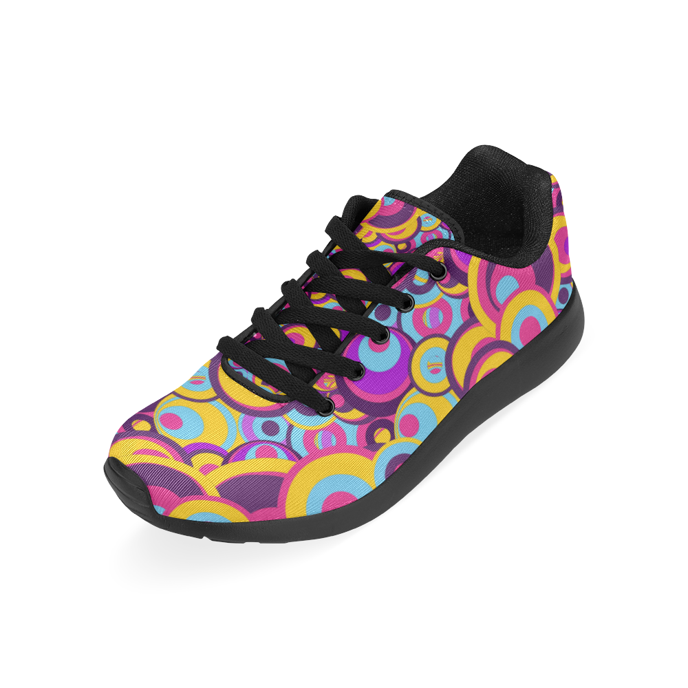 Retro Circles Groovy Violet, Yellow, Blue Colors Kid's Running Shoes (Model 020)