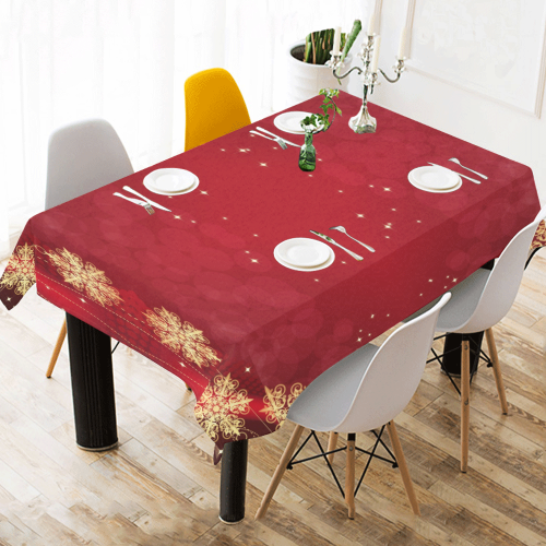 Golden Christmas Snowflake Ornaments on Red Cotton Linen Tablecloth 60" x 90"