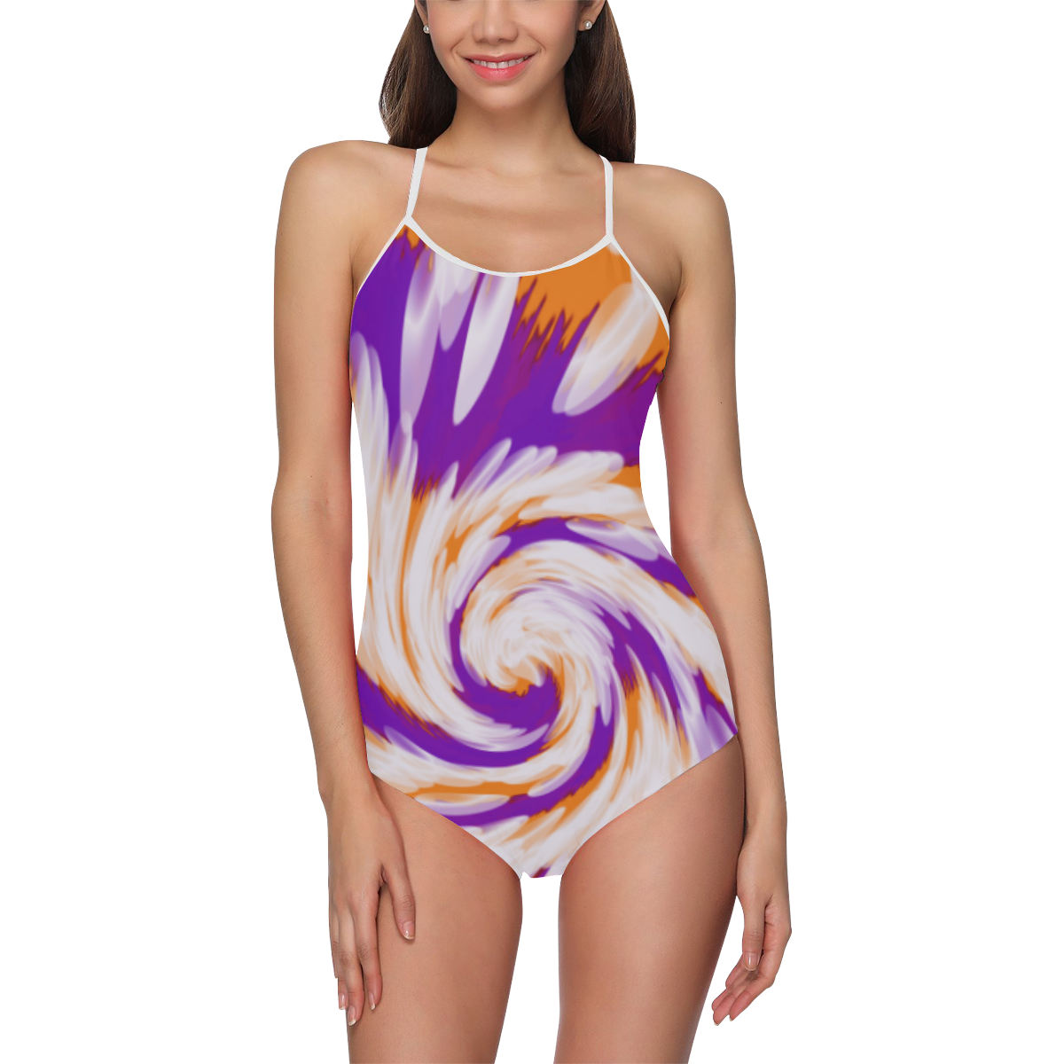 Purple Orange Tie Dye Swirl Abstract Strap Swimsuit ( Model S05)