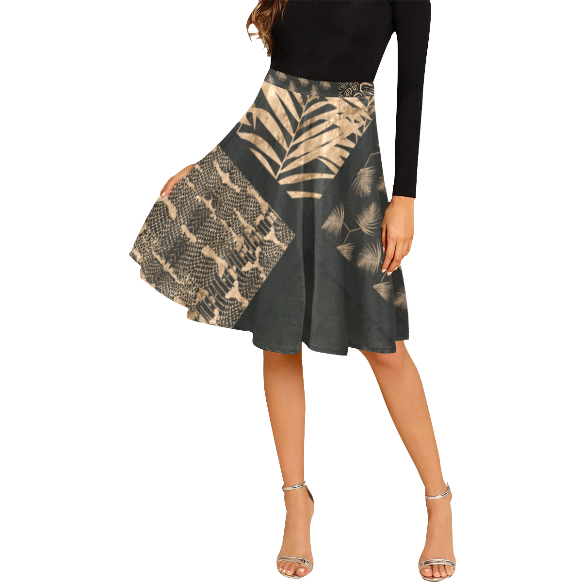 Exclusive Golden Black Python Patchwork Melete Pleated Midi Skirt (Model D15)