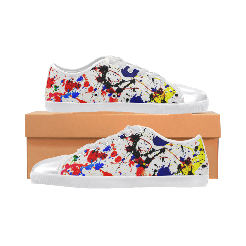 Blue & Red Paint Splatter - White Canvas Shoes for Women/Large Size (Model 016)