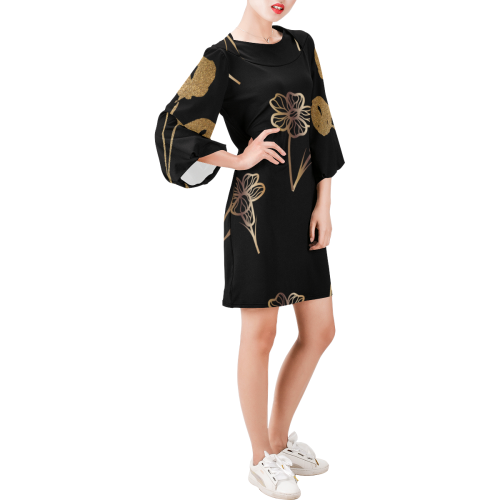 Floral Gold Bell Sleeve Dress Bell Sleeve Dress (Model D52)