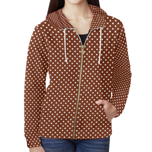 Brown polka dots All Over Print Full Zip Hoodie for Women (Model H14)