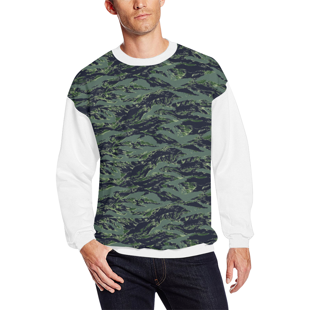 Jungle Tiger Stripe Green Camouflage  (Vest Style) White Men's Oversized Fleece Crew Sweatshirt/Large Size(Model H18)
