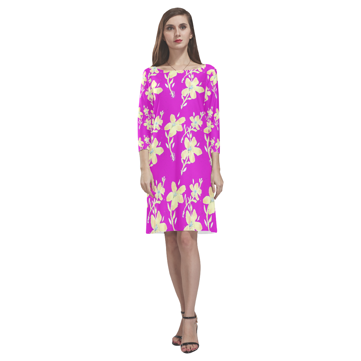 Lilac Dress With Yellow Flower Design Rhea Loose Round Neck Dress(Model D22)