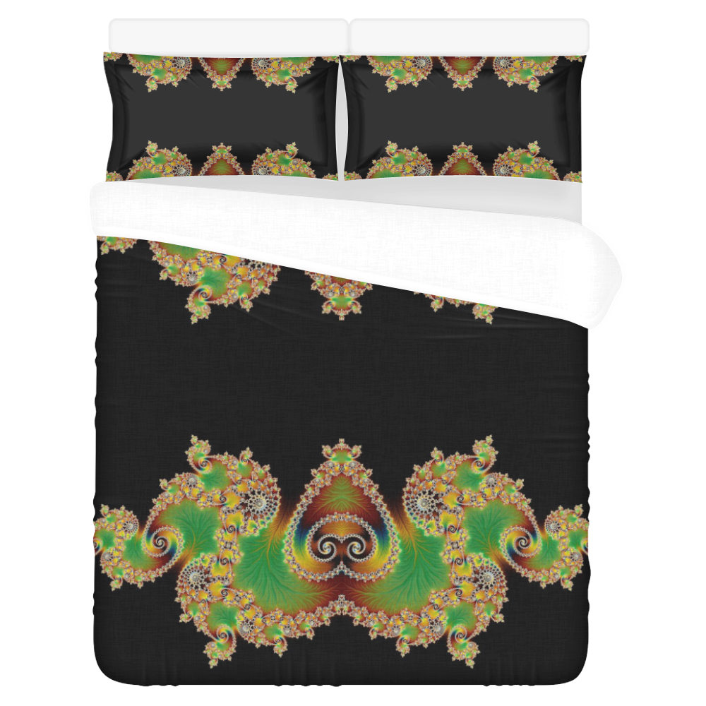 Green and Black  Hearts  Lace Fractal Abstract 3-Piece Bedding Set