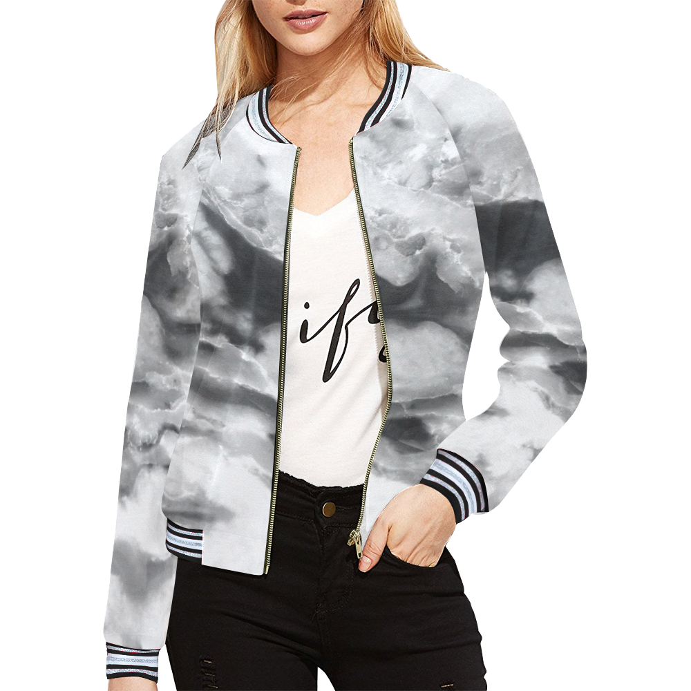 Marble Black and White Pattern All Over Print Bomber Jacket for Women (Model H21)