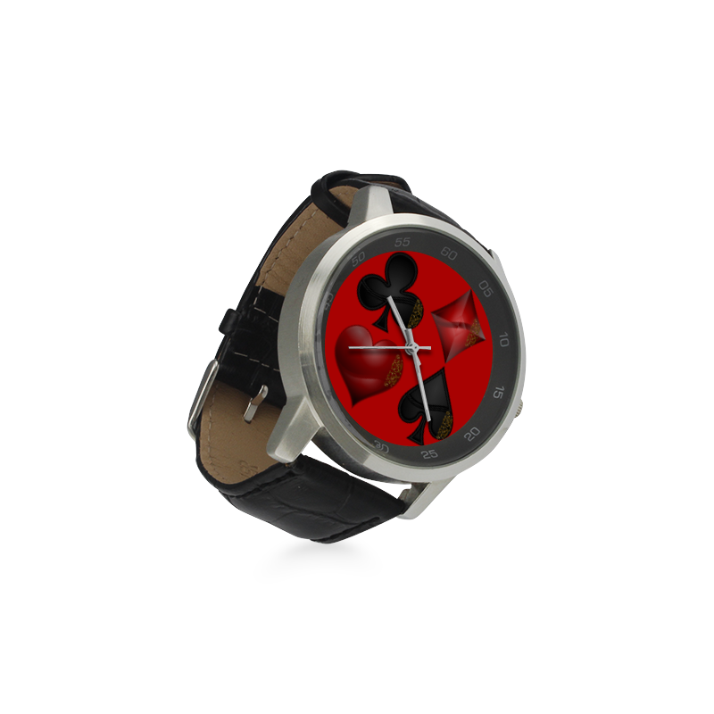 Las Vegas Black and Red Casino Poker Card Shapes on Red Unisex Stainless Steel Leather Strap Watch(Model 202)