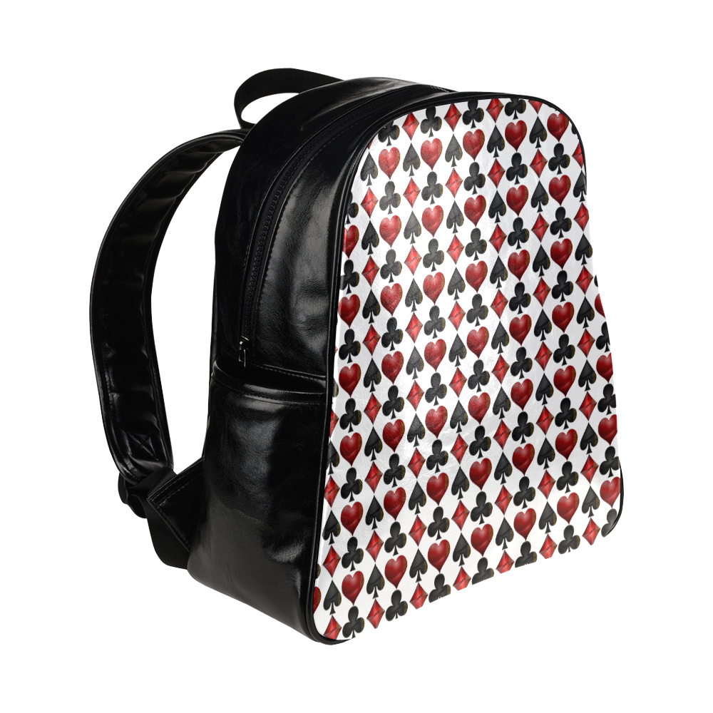 Black and Red Casino Poker Card Shapes on White Multi-Pockets Backpack (Model 1636)