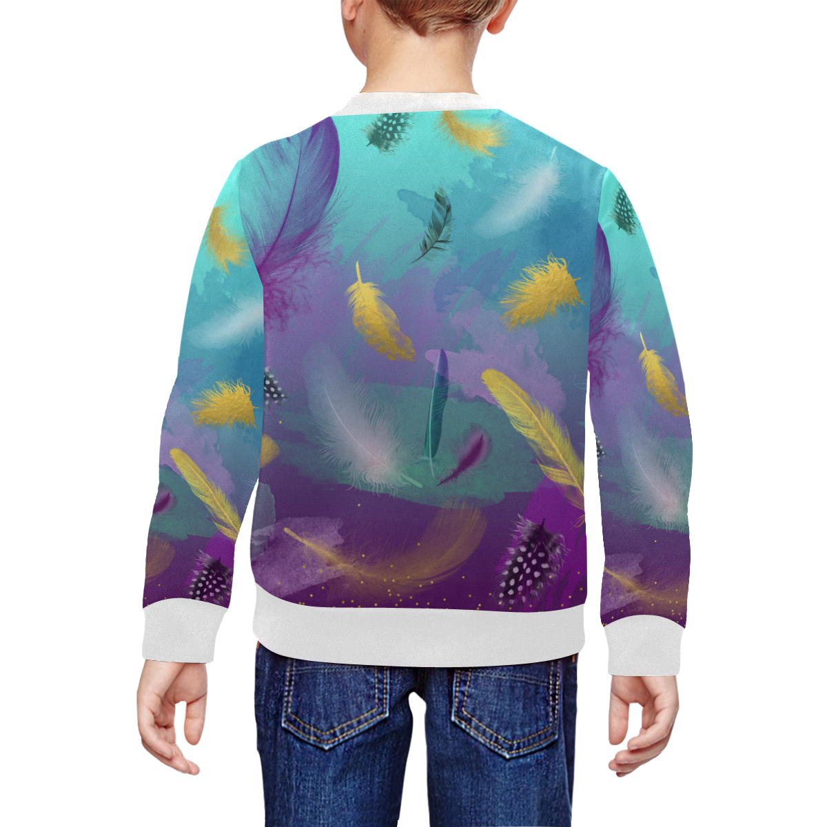Dancing Feathers - Turquoise and Purple All Over Print Crewneck Sweatshirt for Kids (Model H29)