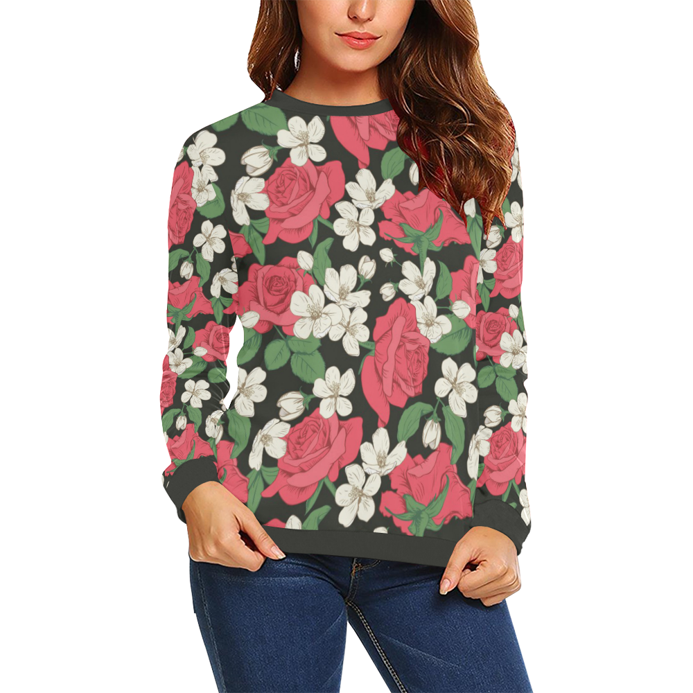 Pink, White and Black Floral All Over Print Crewneck Sweatshirt for Women (Model H18)