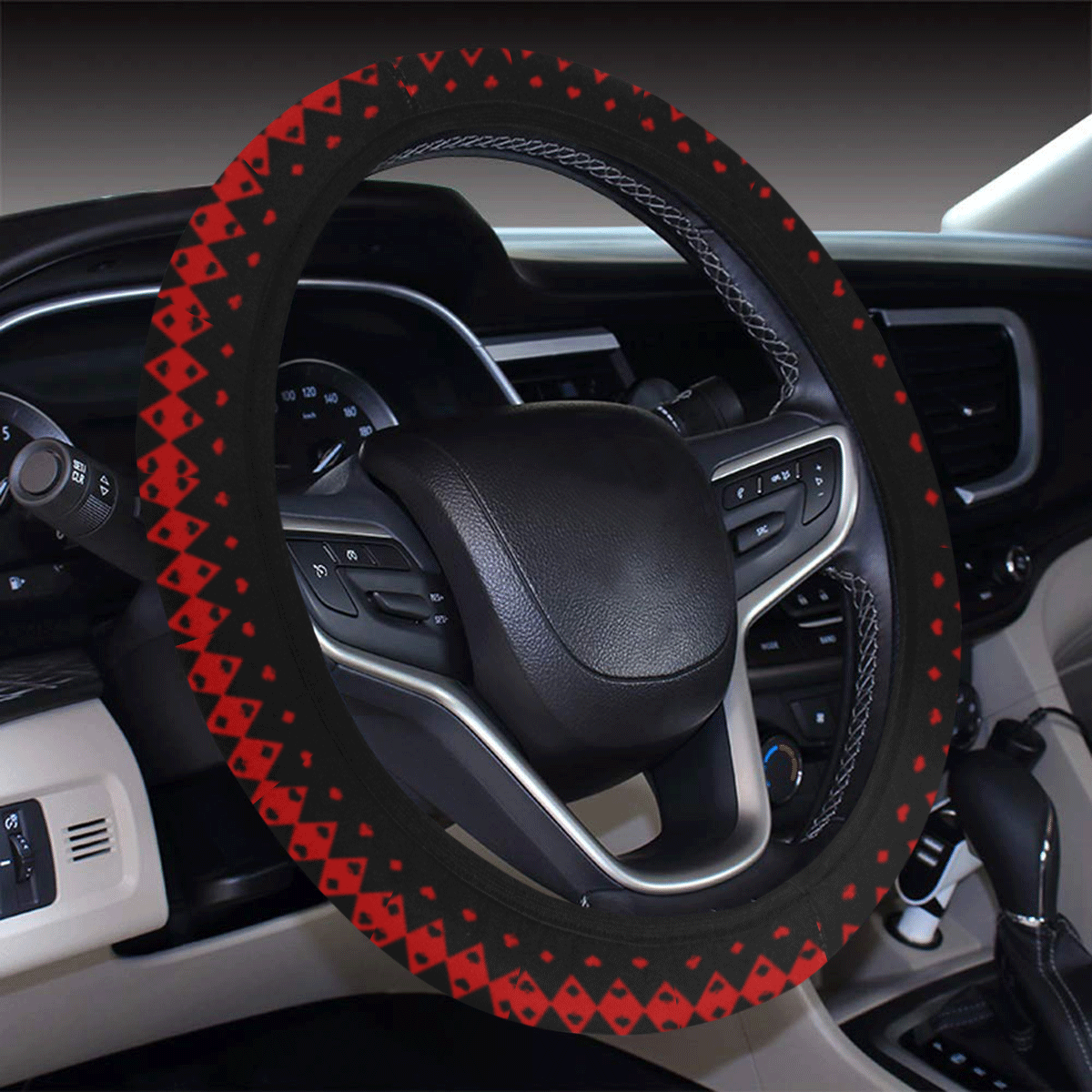 Black and Red Playing Card Shapes Steering Wheel Cover with Elastic Edge