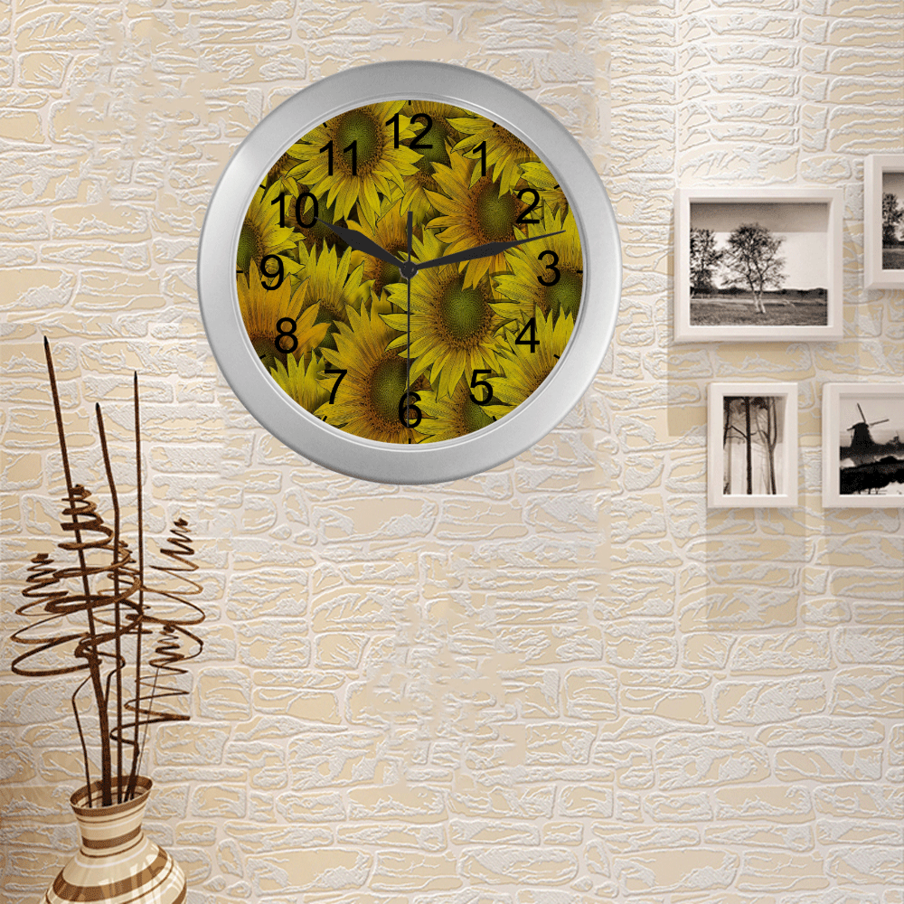 Surreal Sunflowers Silver Color Wall Clock