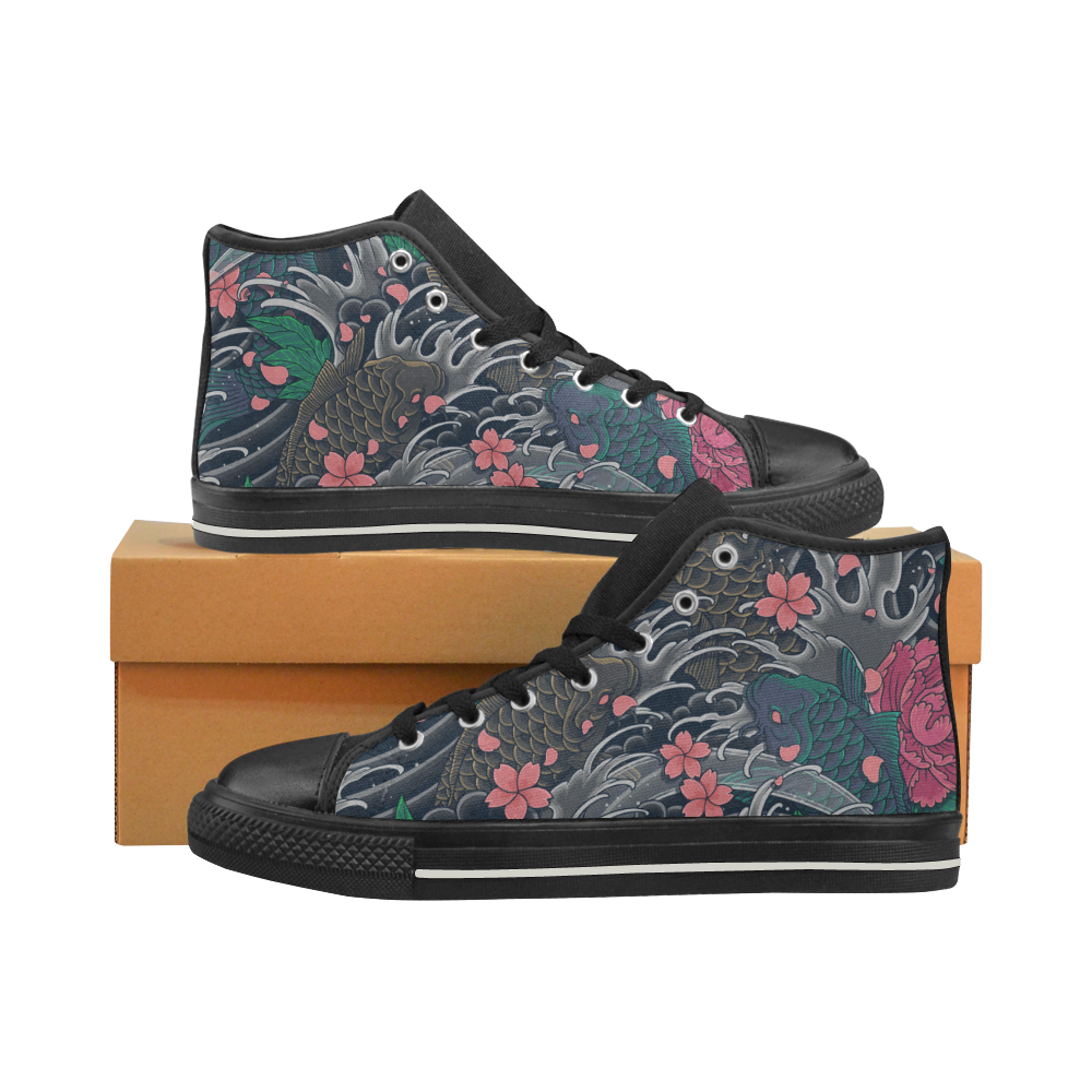 Japanese Wave Shoes, Koi Fish Art Women's Classic High Top Canvas Shoes (Model 017)