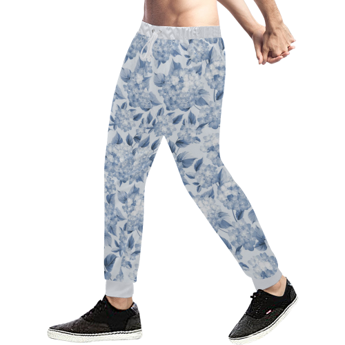 Blue and White Floral Pattern Men's All Over Print Sweatpants (Model L11)