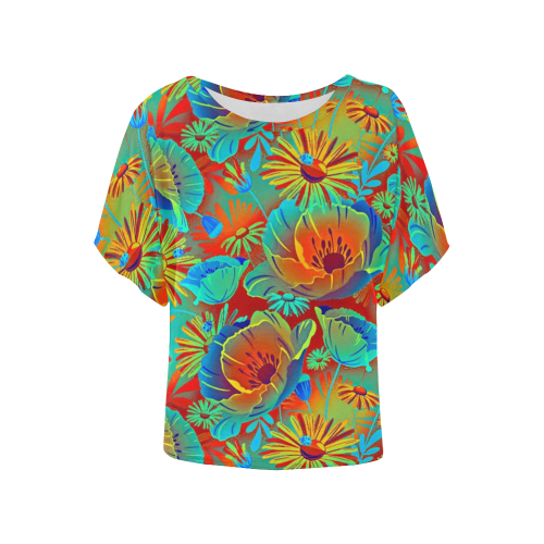 bright tropical floral Women's Batwing-Sleeved Blouse T shirt (Model T44)