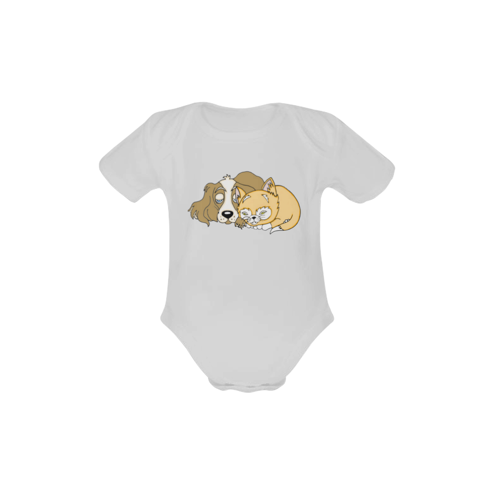 Napping Dog And Kitten White Baby Powder Organic Short Sleeve One Piece (Model T28)