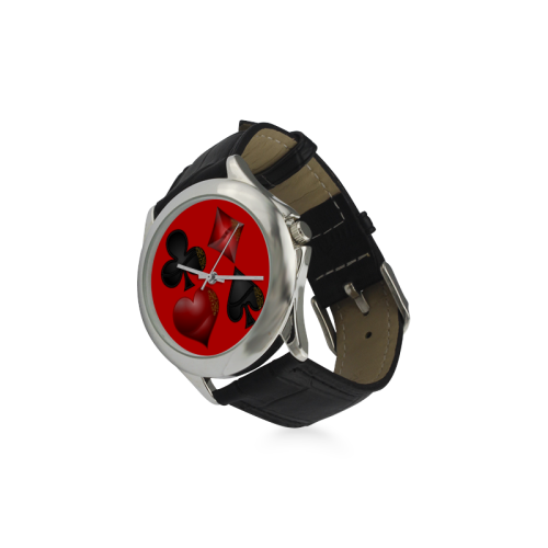 Las Vegas Black and Red Casino Poker Card Shapes on Red Women's Classic Leather Strap Watch(Model 203)