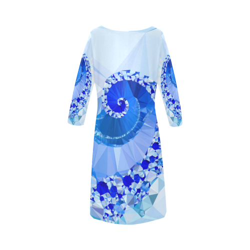 Blue White Geometric Fractal Art Round Collar Dress (D22)