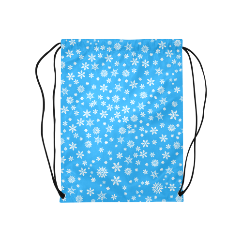 Christmas White Snowflakes on Light Blue Medium Drawstring Bag Model 1604 (Twin Sides) 13.8"(W) * 18.1"(H)