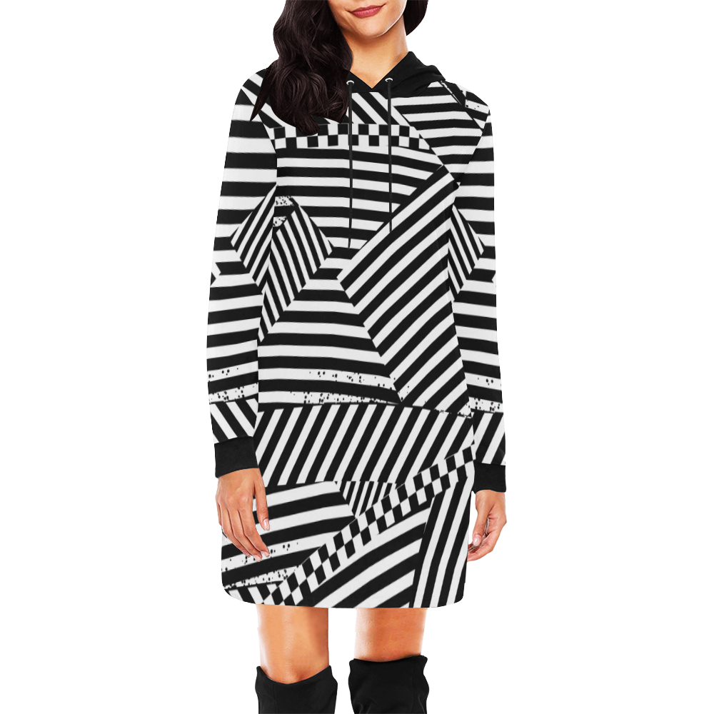 Black White Stripes and Checkerboard All Over Print Hoodie Mini Dress (Model H27)