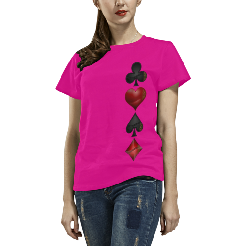 Las Vegas  Black and Red Casino Poker Card Shapes on Pink All Over Print T-Shirt for Women (USA Size) (Model T40)