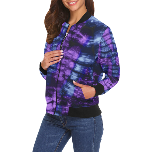 Purple Blue Shibori Tie Dye All Over Print Bomber Jacket for Women (Model H19)