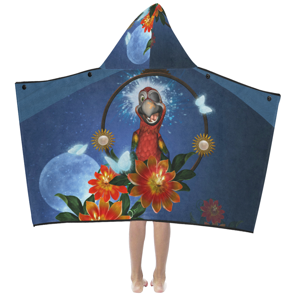 Funny parrot with flowers Kids' Hooded Bath Towels
