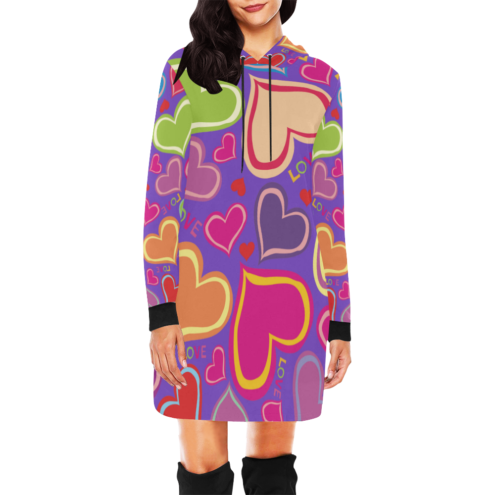 Cute Hearts LOVE PURPLE All Over Print Hoodie Mini Dress (Model H27)