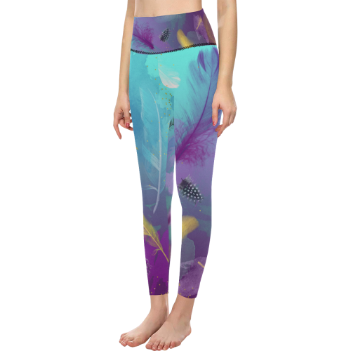 Dancing Feathers - Turquoise and Purple Women's All Over Print High-Waisted Leggings (Model L36)