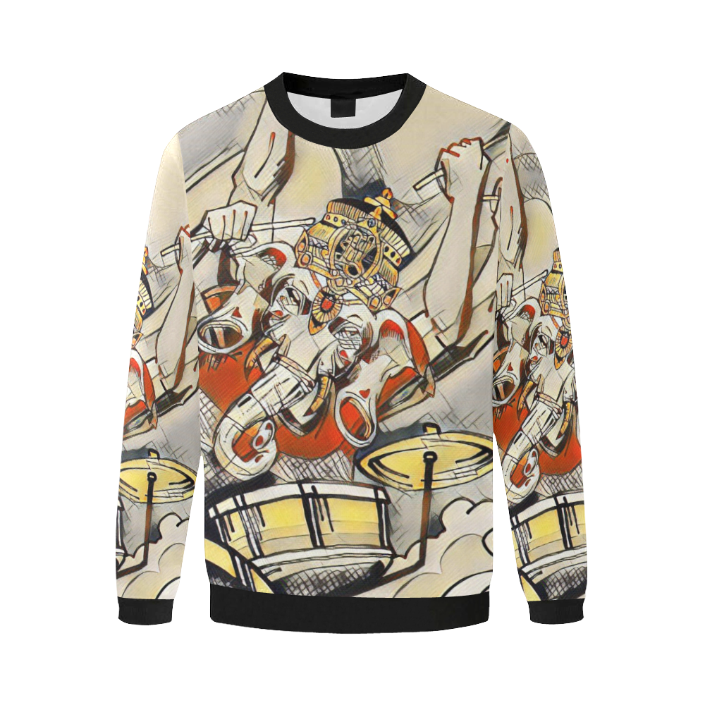 Ganesha Drummer Hoodie  - Burnt Orange and Yellow Original Art Men's Oversized Fleece Crew Sweatshirt/Large Size(Model H18)