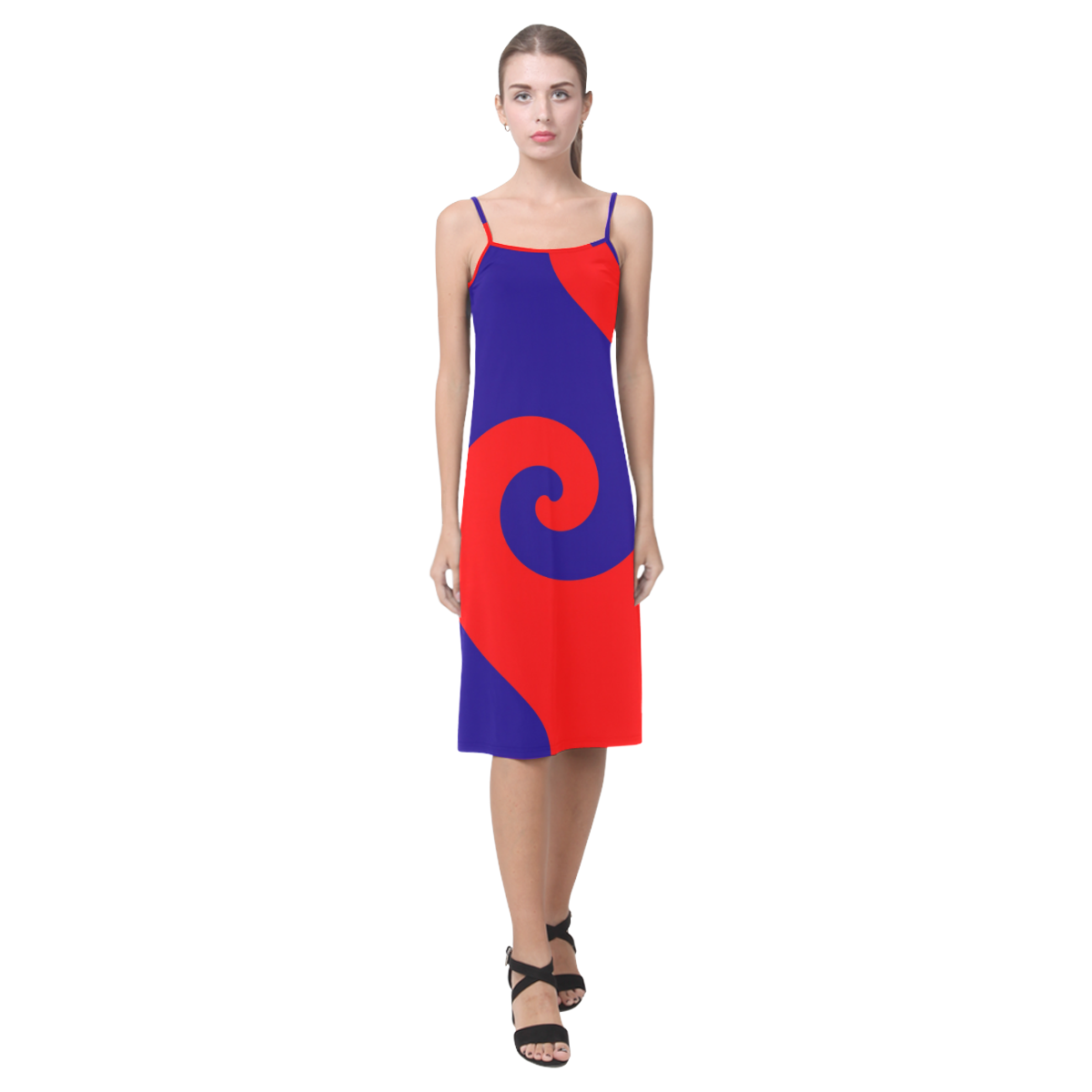 Mod Hippie Red and Blue Curlicue Swirls Alcestis Slip Dress (Model D05)