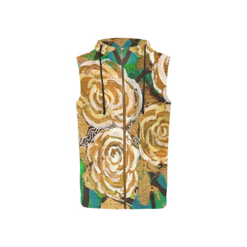 Golden White Rose Abstract All Over Print Sleeveless Zip Up Hoodie for Women (Model H16)