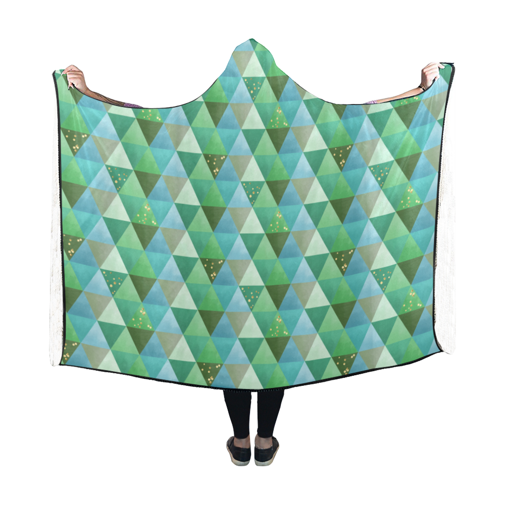 Triangle Pattern - Green Teal Khaki Moss Hooded Blanket 60''x50''