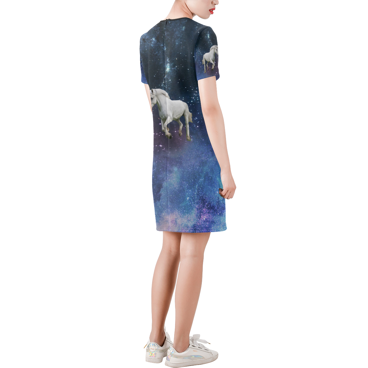 Unicorn and Space Short-Sleeve Round Neck A-Line Dress (Model D47)