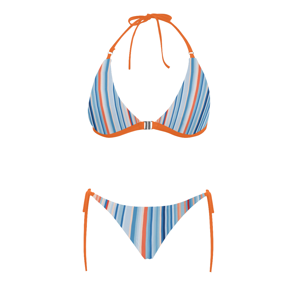 Blue and coral stripe 1 Buckle Front Halter Bikini Swimsuit (Model S08)