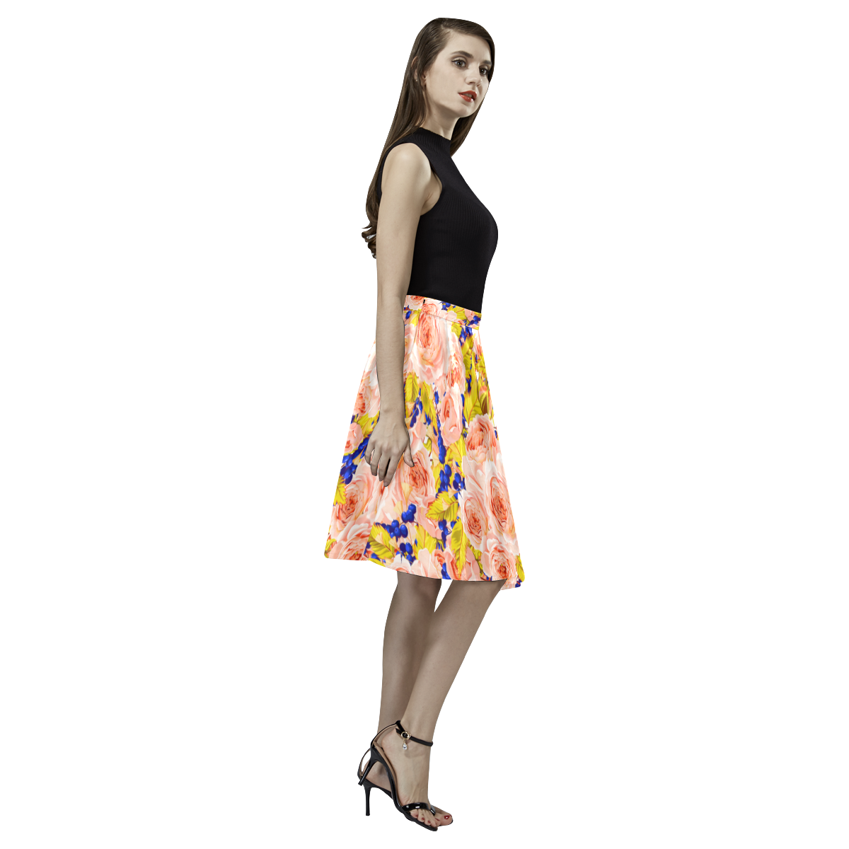Rose Flower Melete Pleated Midi Skirt (Model D15)