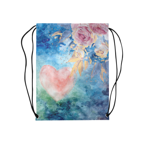 Heart and Flowers - Pink and Blue Medium Drawstring Bag Model 1604 (Twin Sides) 13.8"(W) * 18.1"(H)