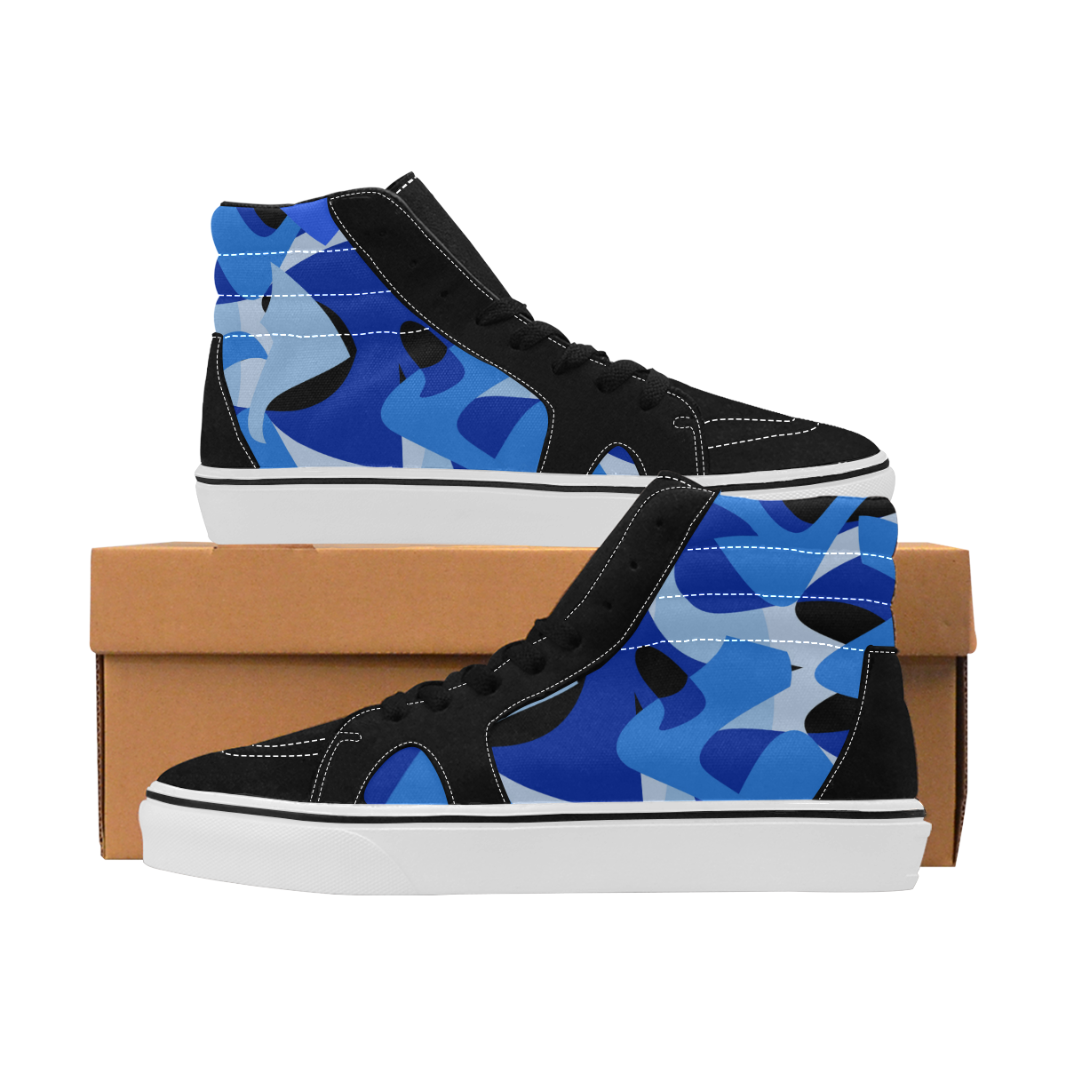 Camouflage Abstract Blue and Black Women's High Top Skateboarding Shoes (Model E001-1)