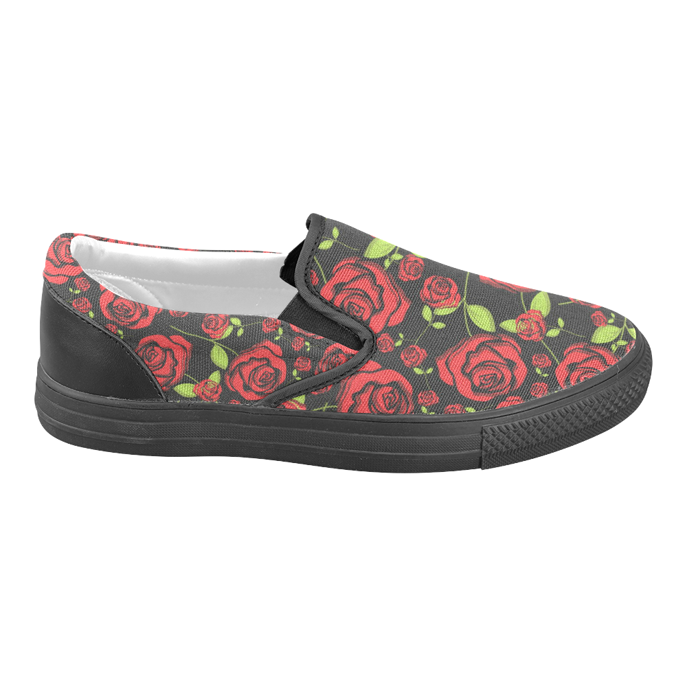 Red Roses on Black Slip-on Canvas Shoes for Men/Large Size (Model 019)