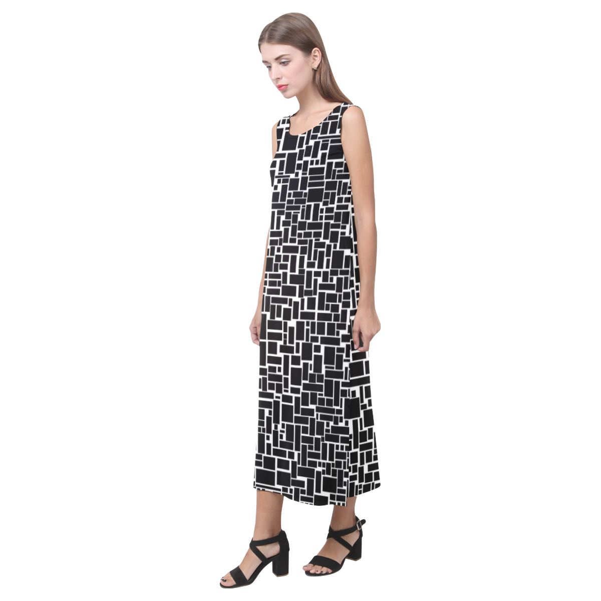 BLACK AND WHITE BOX PATTERN Phaedra Sleeveless Open Fork Long Dress (Model D08)